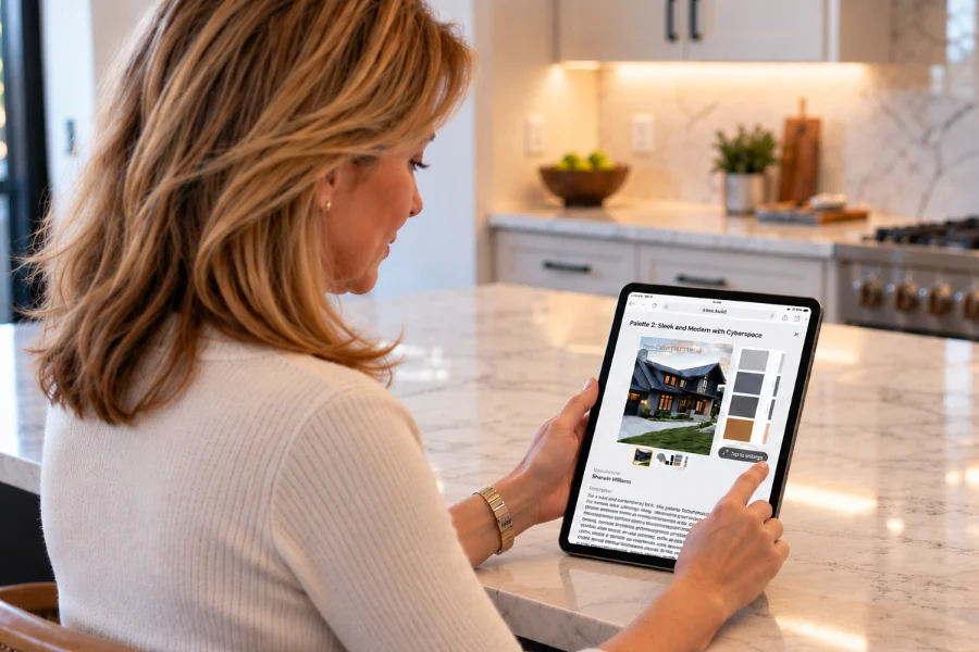 A homeowner at a kitchen island choosing an exterior color palette on an iPad