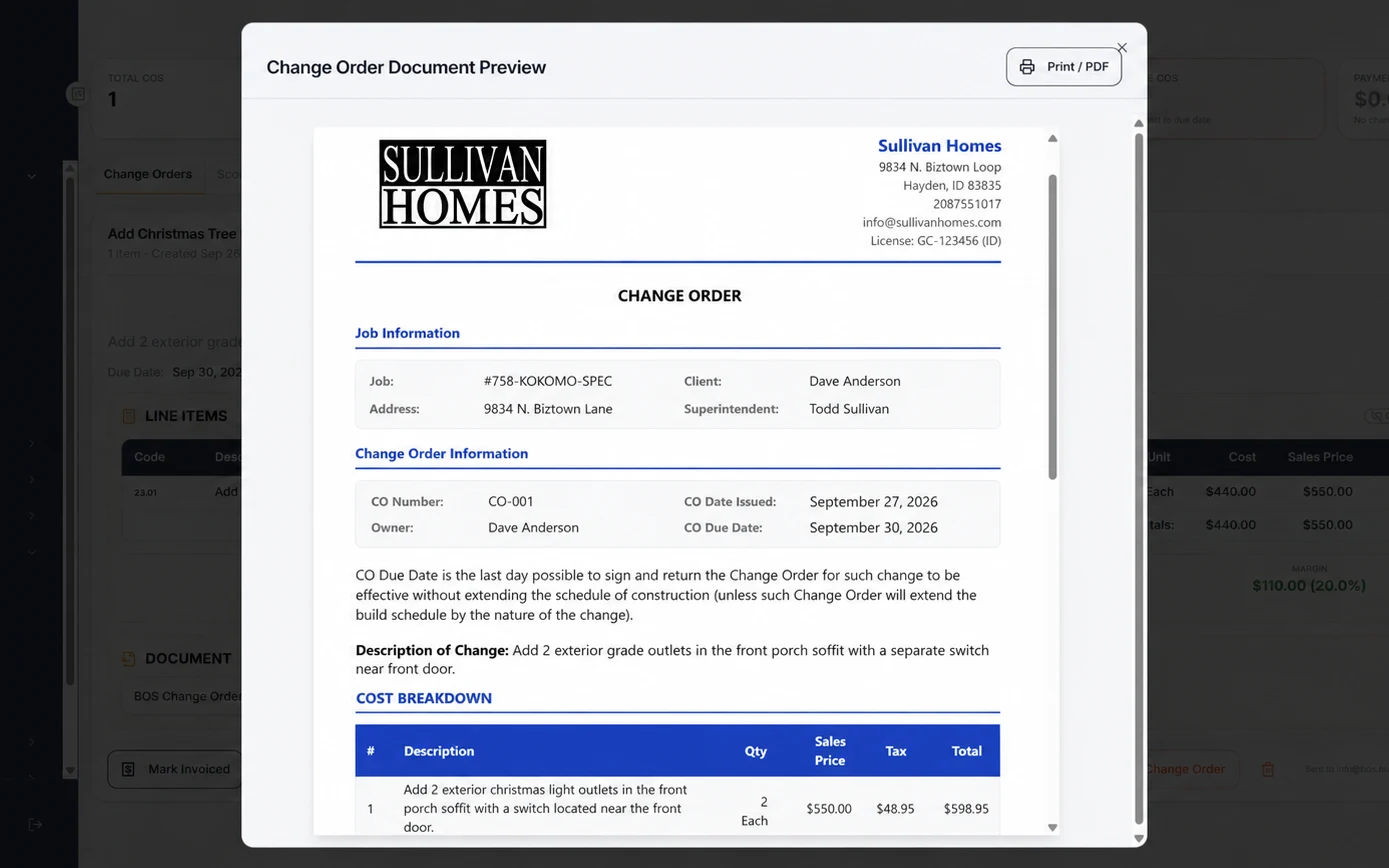 A change order generated by BOS on the builder's own letterhead: job and change order details, the description of the change and the cost breakdown