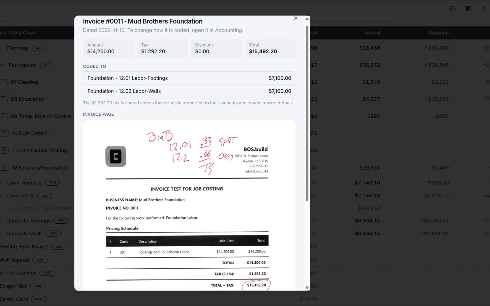 An invoice opened from Estimate vs Actual, coded to two foundation cost codes with its tax shared between them, and the invoice page below