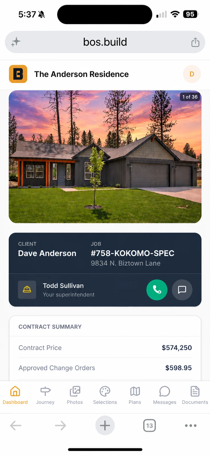 The client portal on a phone: a photo of the house, the client and job, the superintendent with call and message buttons, and the contract summary