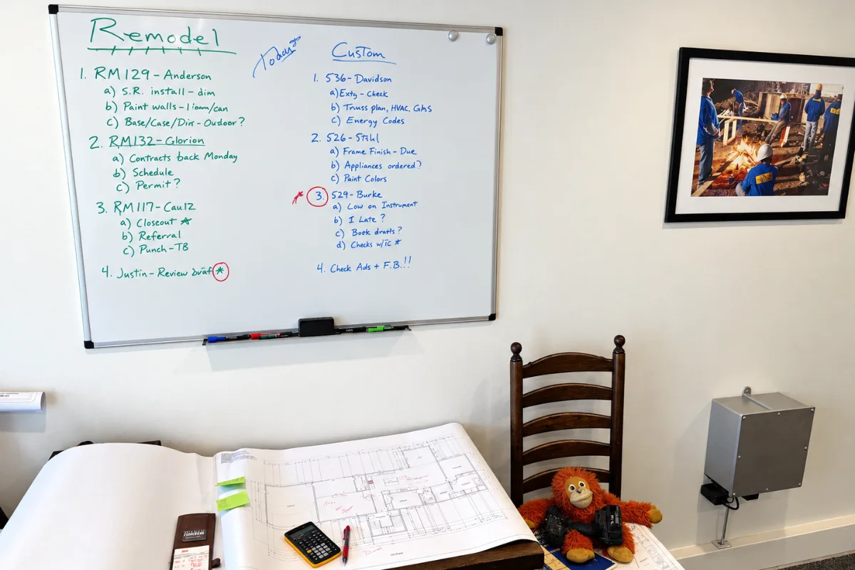 An office whiteboard listing remodel and custom jobs with to-dos, above a plan set, a calculator and a field notebook