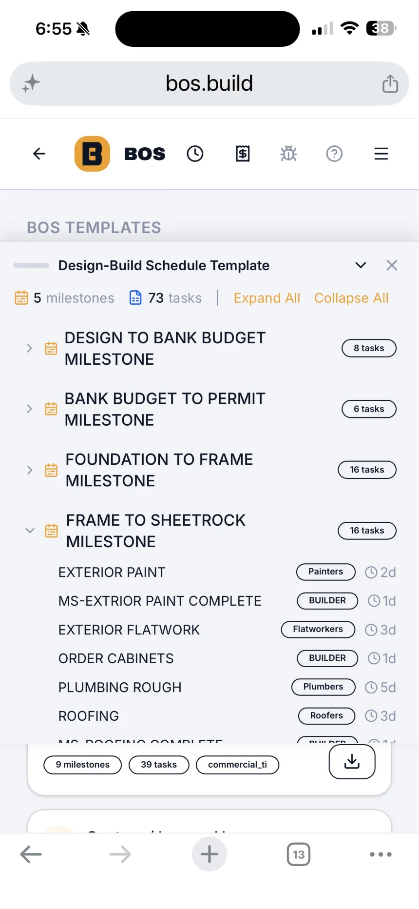 A BOS schedule template opened on a phone: design-build milestones, and the frame-to-sheetrock tasks with the trade and days for each